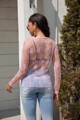 Lace Tops for Women Mesh Long Sleeve Top Crew Neck Sheer Blouse Sexy See Through Layering Shirts Outfits in Saudi Arabia