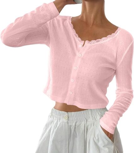 Baigram Women Long Sleeve Button Down Open Front V Brick Cric Cardigan Shirt Y2K Lace Patchwork Pointelle Knit Minimalist Tops in Kuwait