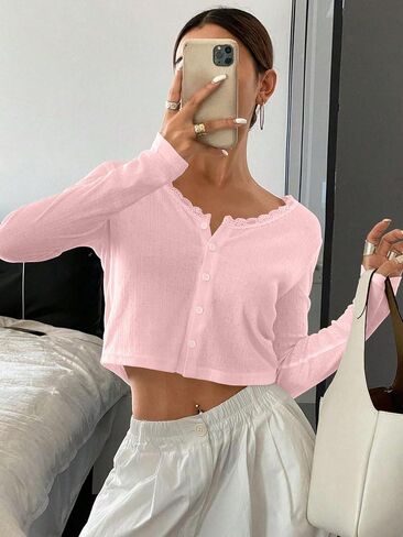 Baigram Women Long Sleeve Button Down Open Front V Brick Cric Cardigan Shirt Y2K Lace Patchwork Pointelle Knit Minimalist Tops in Kuwait