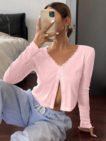 Baigram Women Long Sleeve Button Down Open Front V Brick Cric Cardigan Shirt Y2K Lace Patchwork Pointelle Knit Minimalist Tops in Kuwait