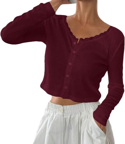 Baigram Women Long Sleeve Button Down Open Front V Brick Cric Cardigan Shirt Y2K Lace Patchwork Pointelle Knit Minimalist Tops in Kuwait