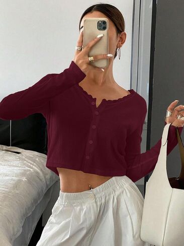 Baigram Women Long Sleeve Button Down Open Front V Brick Cric Cardigan Shirt Y2K Lace Patchwork Pointelle Knit Minimalist Tops in Kuwait
