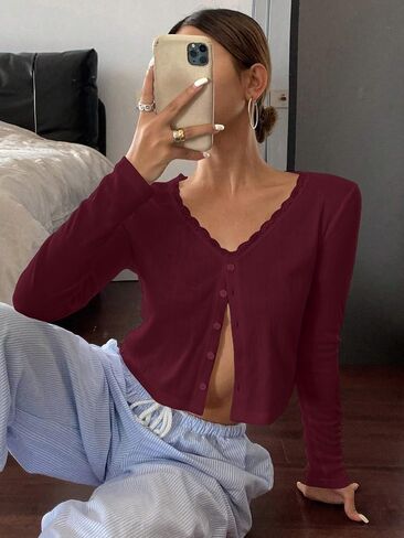 Baigram Women Long Sleeve Button Down Open Front V Brick Cric Cardigan Shirt Y2K Lace Patchwork Pointelle Knit Minimalist Tops in Kuwait