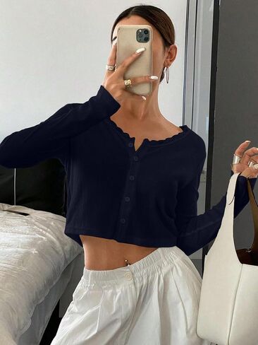 Baigram Women Long Sleeve Button Down Open Front V Brick Cric Cardigan Shirt Y2K Lace Patchwork Pointelle Knit Minimalist Tops in Kuwait