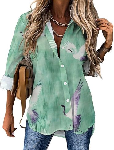 Women's Cotton Blend Long Sleeve Button Down Shirt Summer Casual Boho Vintage Floral Print Irregular Hem Tops in Saudi Arabia