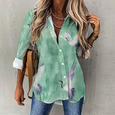 Women's Cotton Blend Long Sleeve Button Down Shirt Summer Casual Boho Vintage Floral Print Irregular Hem Tops in Saudi Arabia