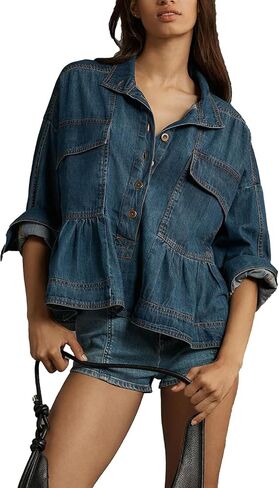Women's Denim Cropped Top Babydoll Long Sleeve V Neck Pullover Button Down Blouses Top in Kuwait