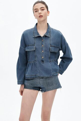 Women's Denim Cropped Top Babydoll Long Sleeve V Neck Pullover Button Down Blouses Top in Kuwait