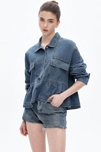 Women's Denim Cropped Top Babydoll Long Sleeve V Neck Pullover Button Down Blouses Top in Kuwait