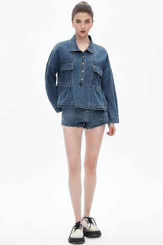 Women's Denim Cropped Top Babydoll Long Sleeve V Neck Pullover Button Down Blouses Top in Kuwait