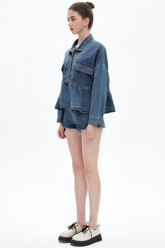 Women's Denim Cropped Top Babydoll Long Sleeve V Neck Pullover Button Down Blouses Top in Kuwait