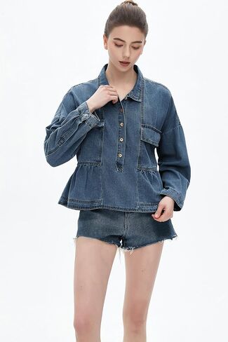 Women's Denim Cropped Top Babydoll Long Sleeve V Neck Pullover Button Down Blouses Top in Kuwait