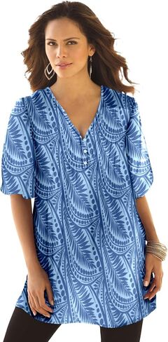 ROAMAN's Women's Plus Size Printed Y-Neck Georgette Top in Kuwait