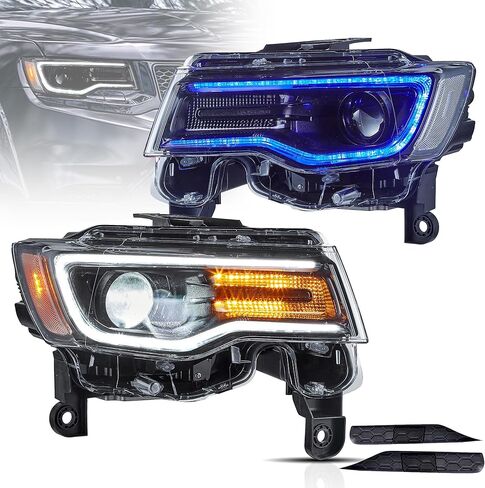 VLAND Headlights For Jeep Grand Cherokee WK2 2014-2021 4th Gen (Fourth Generation WK2) With Start Bule to White Dynamic Animation and Sequential Tun Signa Front Lamps Assembly, Amber Reflector in Kuwait