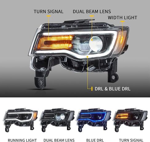 VLAND Headlights For Jeep Grand Cherokee WK2 2014-2021 4th Gen (Fourth Generation WK2) With Start Bule to White Dynamic Animation and Sequential Tun Signa Front Lamps Assembly, Amber Reflector in Kuwait