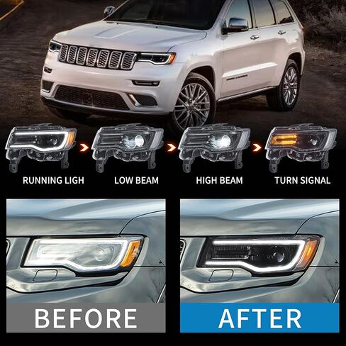 VLAND Headlights For Jeep Grand Cherokee WK2 2014-2021 4th Gen (Fourth Generation WK2) With Start Bule to White Dynamic Animation and Sequential Tun Signa Front Lamps Assembly, Amber Reflector in Kuwait