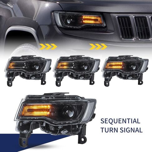 VLAND Headlights For Jeep Grand Cherokee WK2 2014-2021 4th Gen (Fourth Generation WK2) With Start Bule to White Dynamic Animation and Sequential Tun Signa Front Lamps Assembly, Amber Reflector in Kuwait