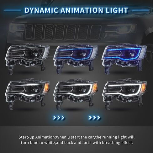 VLAND Headlights For Jeep Grand Cherokee WK2 2014-2021 4th Gen (Fourth Generation WK2) With Start Bule to White Dynamic Animation and Sequential Tun Signa Front Lamps Assembly, Amber Reflector in Kuwait
