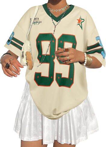 Oversized Y2k Jersey Shirts for Women V Neck Number Graphic Tees Streetwear Short Sleeves Top Vintage Fashion Clothing in Saudi Arabia