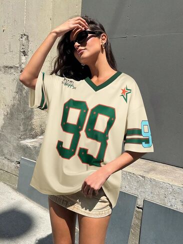 Oversized Y2k Jersey Shirts for Women V Neck Number Graphic Tees Streetwear Short Sleeves Top Vintage Fashion Clothing in Saudi Arabia