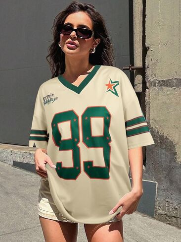 Oversized Y2k Jersey Shirts for Women V Neck Number Graphic Tees Streetwear Short Sleeves Top Vintage Fashion Clothing in Saudi Arabia
