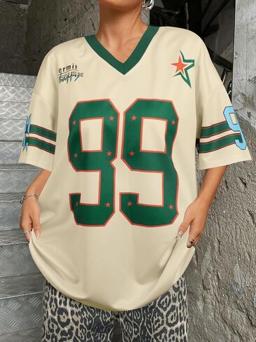 Oversized Y2k Jersey Shirts for Women V Neck Number Graphic Tees Streetwear Short Sleeves Top Vintage Fashion Clothing in Saudi Arabia