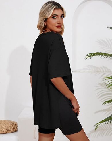 3 Pack Women's Oversized Waffle Knit Short Sleeve Tops Side Split Crewneck Loose Long T-Shirts Summer Casual Tees in Kuwait