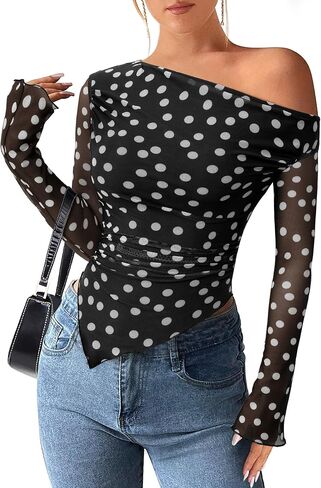 PRETTYGARDEN Womens Fall Trendy Off Shoulder Y2k Tops 2025 Tie Dye Mesh Long Sleeve Shirts Asymmetrical Ruched Floral Blouse in Saudi Arabia