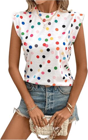 Floerns Women's Polka Dots Print Crew Neck T Shirts Cap Sleeve Summer Tee Shirt in Saudi Arabia