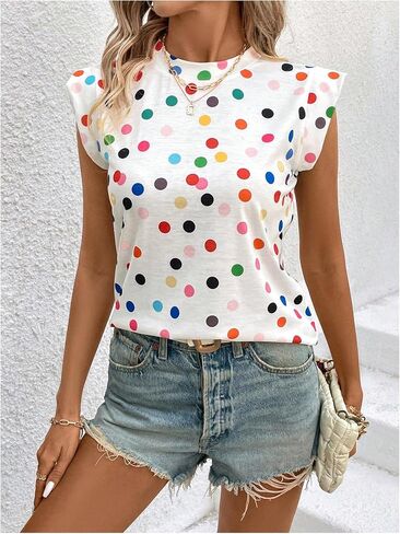 Floerns Women's Polka Dots Print Crew Neck T Shirts Cap Sleeve Summer Tee Shirt in Saudi Arabia