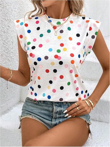 Floerns Women's Polka Dots Print Crew Neck T Shirts Cap Sleeve Summer Tee Shirt in Saudi Arabia