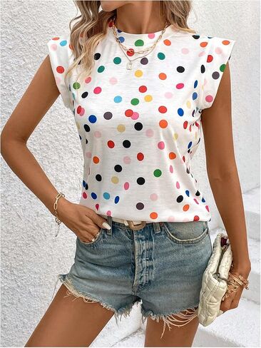 Floerns Women's Polka Dots Print Crew Neck T Shirts Cap Sleeve Summer Tee Shirt in Saudi Arabia