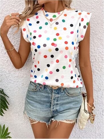 Floerns Women's Polka Dots Print Crew Neck T Shirts Cap Sleeve Summer Tee Shirt in Saudi Arabia