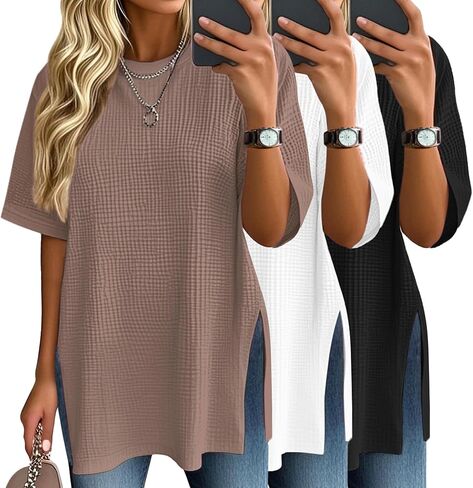 3 Pack Women's Oversized Waffle Knit Short Sleeve Tops Side Split Crewneck Loose Long T-Shirts Summer Casual Tees in Kuwait