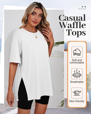 3 Pack Women's Oversized Waffle Knit Short Sleeve Tops Side Split Crewneck Loose Long T-Shirts Summer Casual Tees in Kuwait