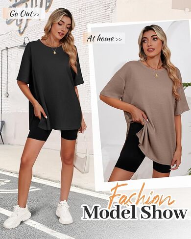 3 Pack Women's Oversized Waffle Knit Short Sleeve Tops Side Split Crewneck Loose Long T-Shirts Summer Casual Tees in Kuwait