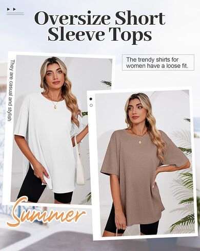 3 Pack Women's Oversized Waffle Knit Short Sleeve Tops Side Split Crewneck Loose Long T-Shirts Summer Casual Tees in Kuwait