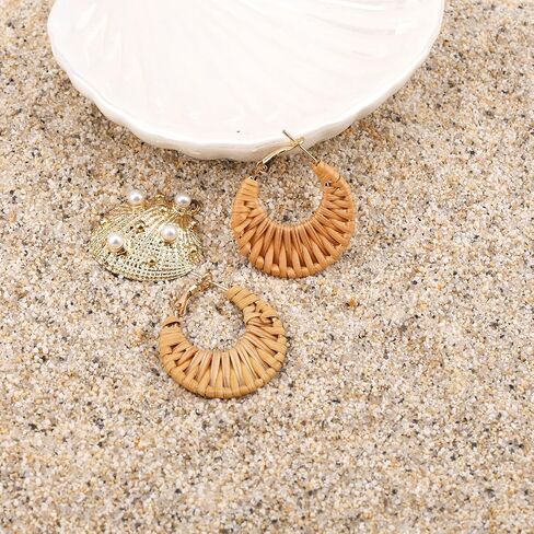 Boho Handwoven Rattan Hoop Earrings, Summer Beach Rattan Earrings Cute Hoop Dangle Drop Lightweight Bohemian Weaving Jewelry for Women Fashion Travel Essentials in Saudi Arabia