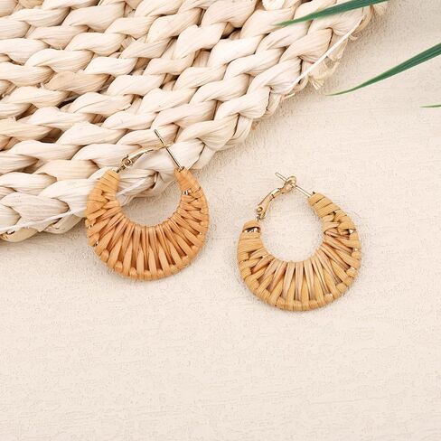 Boho Handwoven Rattan Hoop Earrings, Summer Beach Rattan Earrings Cute Hoop Dangle Drop Lightweight Bohemian Weaving Jewelry for Women Fashion Travel Essentials in Saudi Arabia