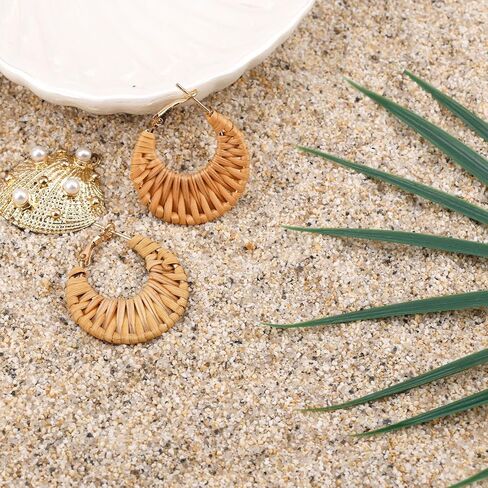 Boho Handwoven Rattan Hoop Earrings, Summer Beach Rattan Earrings Cute Hoop Dangle Drop Lightweight Bohemian Weaving Jewelry for Women Fashion Travel Essentials in Saudi Arabia