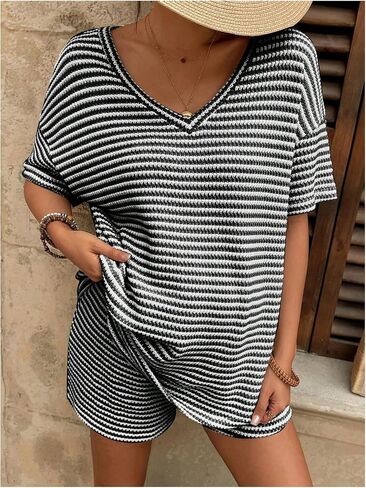 SweatyRocks Women's Maternity 2 Piece Outfits Summer Striped Shorts Sets with Tee Top in Saudi Arabia