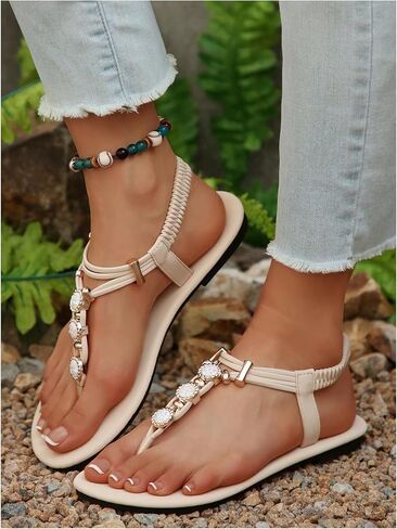 GORGLITTER Women's Rhinestone Ankle Strap Flat Sandals Dressy Open Toe T Strap Flip Flops Shoes in Saudi Arabia