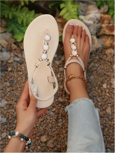 GORGLITTER Women's Rhinestone Ankle Strap Flat Sandals Dressy Open Toe T Strap Flip Flops Shoes in Saudi Arabia