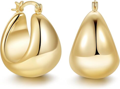 Oobel Gold Hoop أقراط للنساء ، 925 Sterling Silver Chunky Hoop أقراط Hypoallergenic خفيفة الوزن 14K مطلي بالأطواق الذهبية السميكة للنساء 22 مم 26 ملم in Kuwait