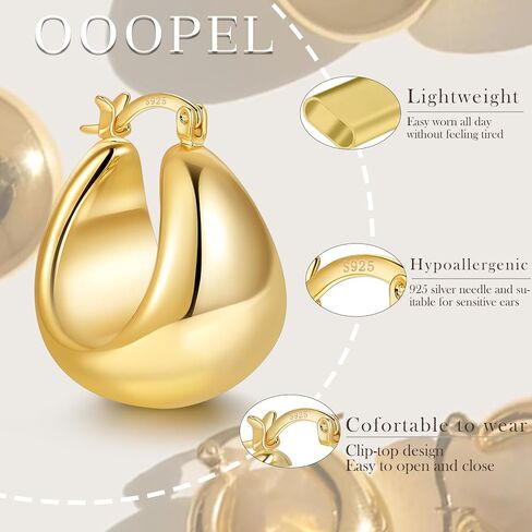 Oobel Gold Hoop أقراط للنساء ، 925 Sterling Silver Chunky Hoop أقراط Hypoallergenic خفيفة الوزن 14K مطلي بالأطواق الذهبية السميكة للنساء 22 مم 26 ملم in Kuwait