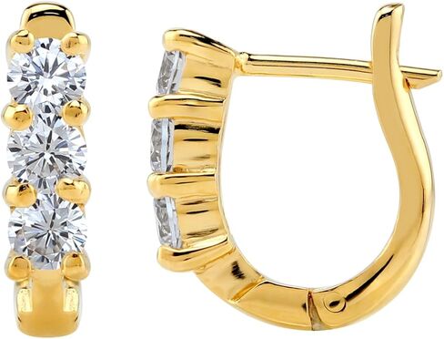 Silvershake 3-Stone 3MM Created Round Shape Gemstone White Gold Plated or Yellow Gold Plated 925 Sterling Silver English Huggie Hoop Earrings Jewelry for Women in Saudi Arabia