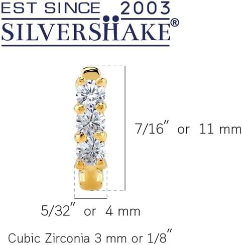 Silvershake 3-Stone 3MM Created Round Shape Gemstone White Gold Plated or Yellow Gold Plated 925 Sterling Silver English Huggie Hoop Earrings Jewelry for Women in Saudi Arabia