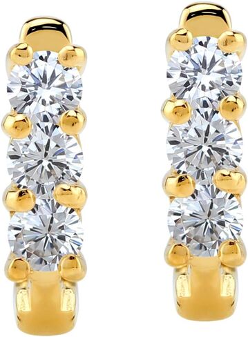 Silvershake 3-Stone 3MM Created Round Shape Gemstone White Gold Plated or Yellow Gold Plated 925 Sterling Silver English Huggie Hoop Earrings Jewelry for Women in Saudi Arabia