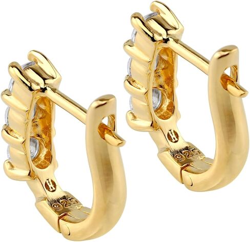 Silvershake 3-Stone 3MM Created Round Shape Gemstone White Gold Plated or Yellow Gold Plated 925 Sterling Silver English Huggie Hoop Earrings Jewelry for Women in Saudi Arabia