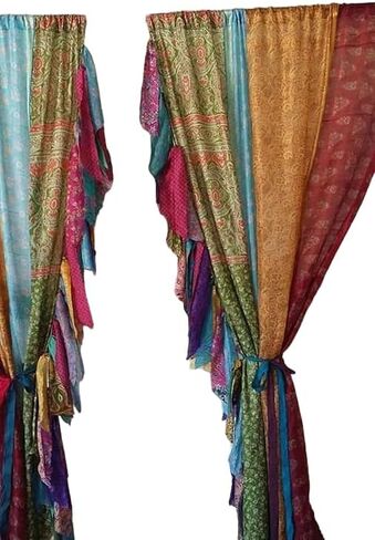 2 Pcs of Indian Curtain Saree Silk Curtain Sari Boho Curtain Gypsy Curtain Hippy Bohemian Curtain Ethnic Wall Hanging Curtain Yille in Saudi Arabia